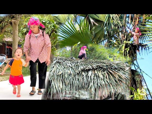 Mother tries to work hard to complete the roof with palm leaves in the eagerness of her daughter