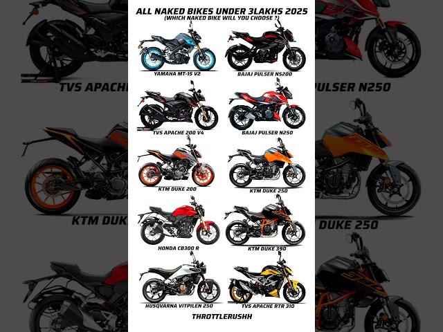 ALL NAKED BIKES UNDER 3LAKHS 2025 #bikes #duke #duke390 #apache #apachertr310 #mt15 #yamaha #ktm