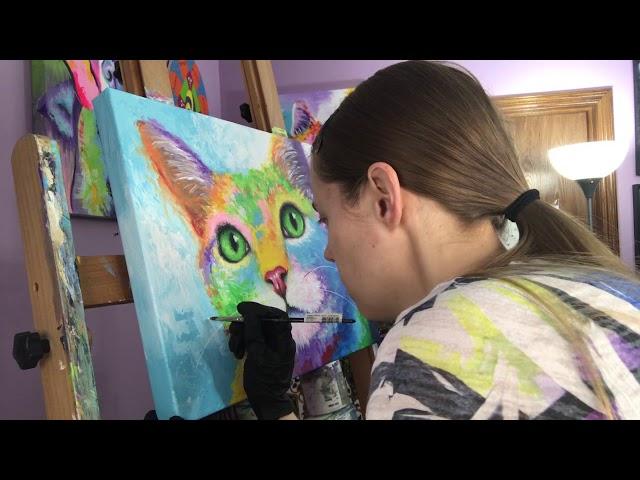 Painting Rainbow Karma Kitty | Cat Art in Acrylics by Artist Krystle Cole