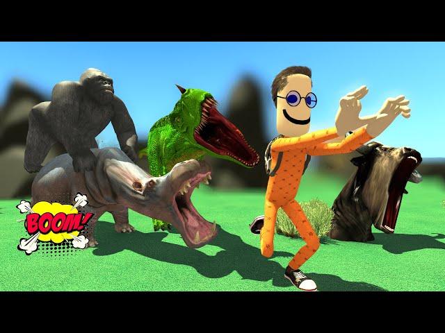 Dinosaur vs Hippo vs Buffalo vs Gorilla vs Nick , Wild animals, Cartoon