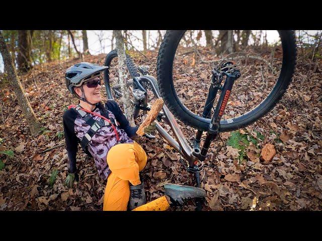 Take it easy on the rental bike, lady!! Mountain Biking Black Mountain in Pisgah