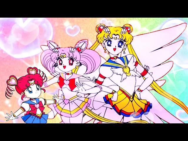 Eternal Sailor Moon, Super Sailor Chibi Moon and Sailor Chibi Chibi Moon in heart bubbles