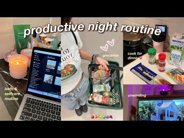 PRODUCTIVE NIGHT ROUTINE ⋆⁺₊ groceries, self-care, unwinding, skincare routine, living alone!