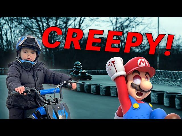 WE CAUGHT EVIL CREEPY MARIO ON THE DRONE! HE CHALLENGED US TO A RACE! MARIO KART IN REAL LIFE!