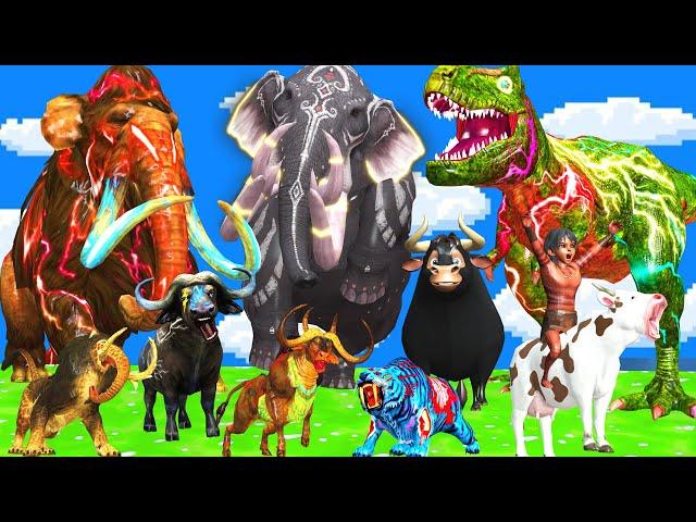 15 Mammoth Elephant Cow Gorilla vs 10 Giant Tiger Wolf Fight Baby Cow Saved By Woolly Mammoth