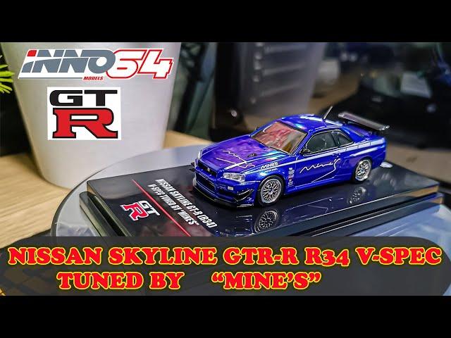 UNBOXING & REVIEW INNO64 NISSAN SKYLINE GT-R R34 V-SPEC TUNED BY MINE'S BLUE/BIRU