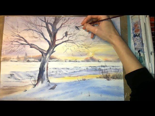 Як малювати зимовий пейзаж. Акварель по вологому. Watercolor  landscape wet on wet.