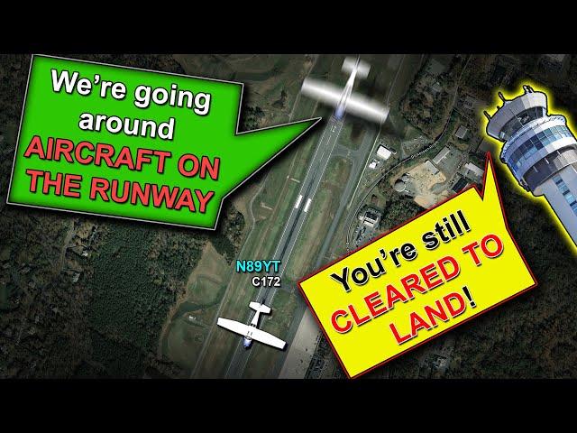 Airplane Lands with AIRCRAFT ON THE RUNWAY. REAL ATC