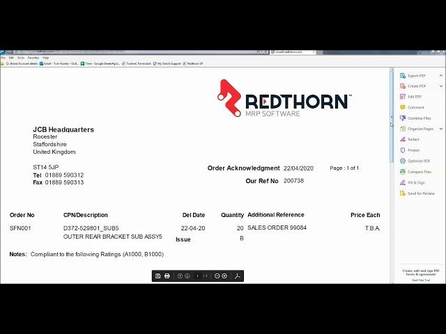 Redthorn MRP - Sales – Print Customer Order Acknowledgement