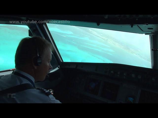 Hermosa vista de Cancún en la Cabina de Pilotos. Despegue en Airbus A320