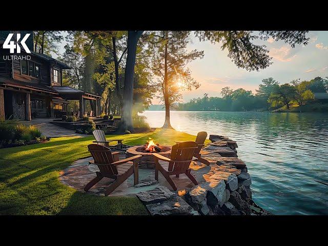 Morning Lakeside Ambience with Nature Sounds & Relaxing Campfire4K -  Relax, Study & Stress Relief