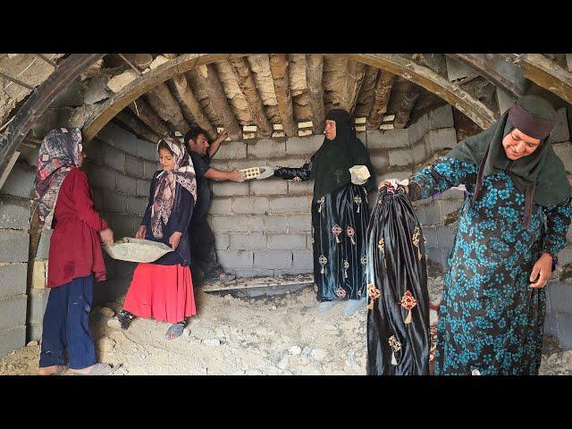 Grandma's joy in her new dress: She repairs the roof of the cave