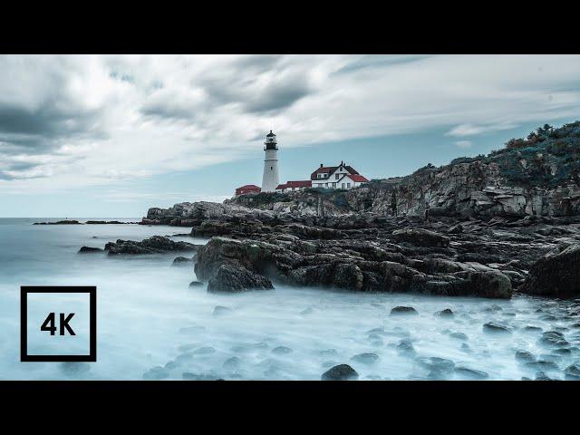 Ocean Waves and Seascape at Portland Head Lighthouse at Sunset (Sounds for Sleep) 4k ASMR