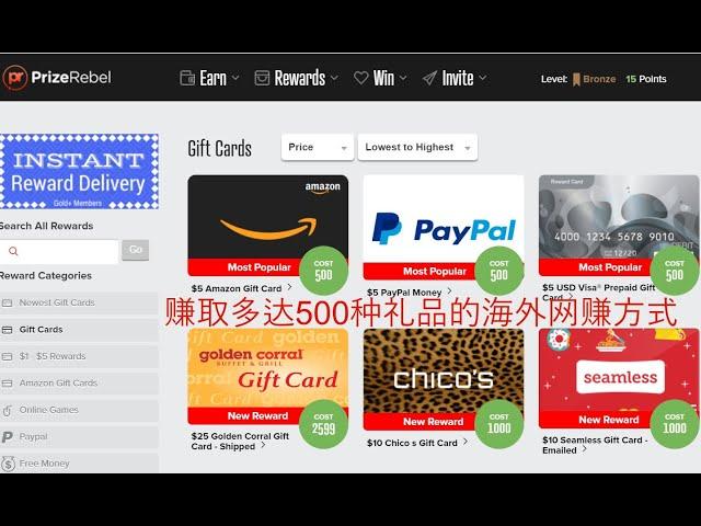 PrizeRebel网赚/赚取多达500种礼品/$2即可兑换/PointsPrizes的替代网赚方式/在家就可以做的海外网赚方法