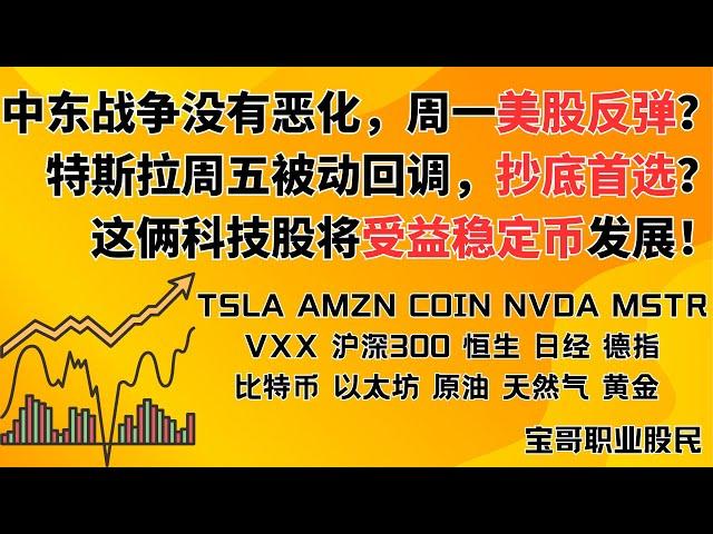中东战争没有恶化，周一美股反弹？特斯拉周五被动回调，抄底首选？俩科技股将受益稳定币发展！TSLA AMZN COIN NVDA MSTR 外围股指 比特币 以太坊 原油 天然气 黄金！06152025