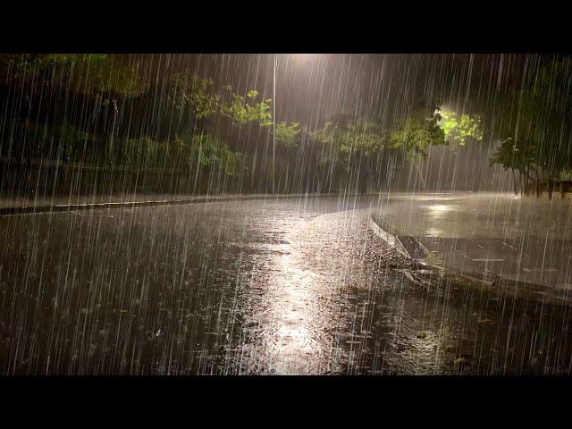 Get Instant Sleep with Beautiful Heavy Rain & Terrible Thunder in Picturesque Path in Park at Night