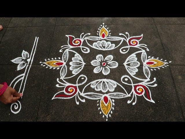 Karthikamasam Special Sanku Rangoli| 5x3 Dots Karthika Pournami Muggulu Design | Side Border Rangoli