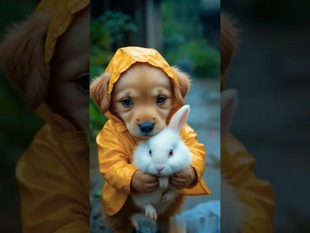 puppy rescue rabbit from rain and take  him home #viralvideo #trending
