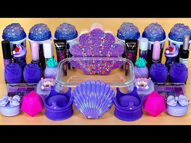 PURPLE SLIME  Mixing makeup and glitter into Clear Slime. Satisfying Slime Video.