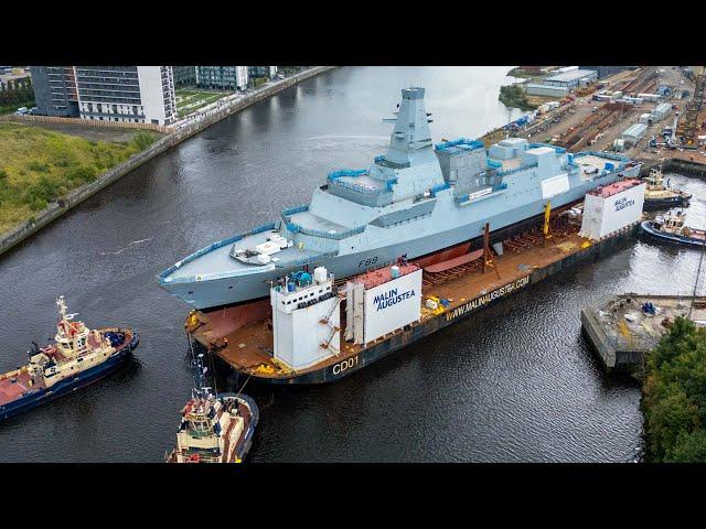 Second Type 26 Frigate, HMS Cardiff taken down the Clyde to be floated off