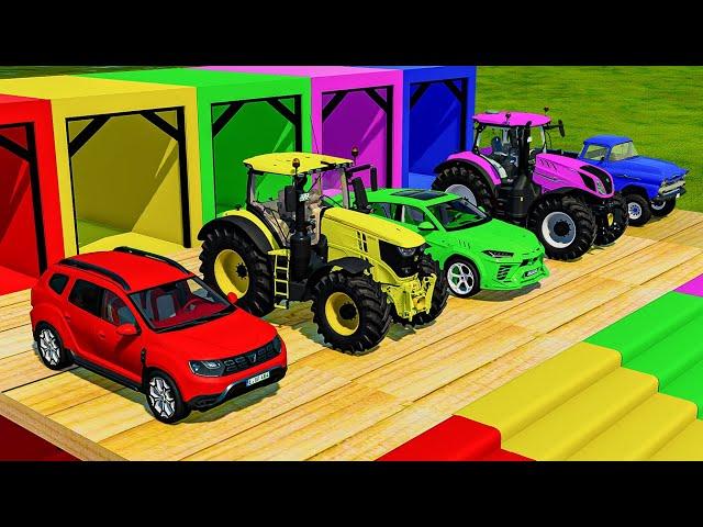 TRANSPORTING FIVE COLOR DODGE, LAMBORGHINI, VOLKSWAGEN, CHARGER, MINI RIGITRAC Farming Simulator 22