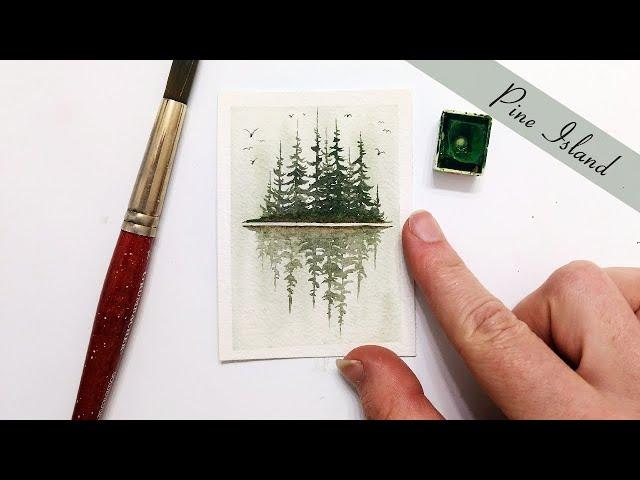 Beginner watercolor pine tree island painting tutorial » How to paint pine trees EASY step by step