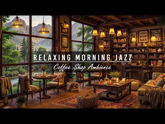 4K Cozy Bookstore Cafe Ambience in Forest  Relaxing Morning Jazz Music for Positive mood, Working