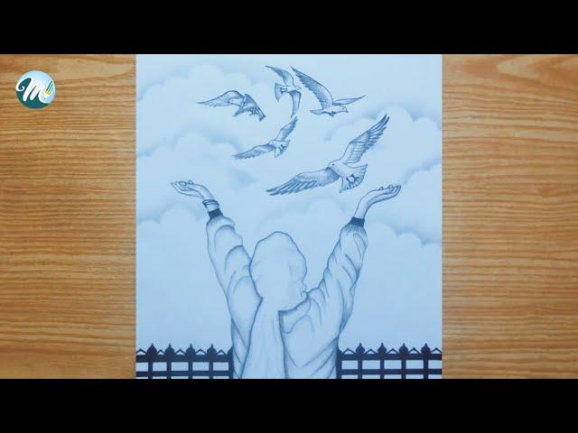 how to draw birds got freedom from the cage || flying birds free from cage drawing