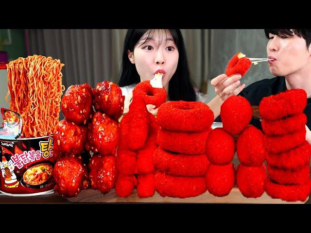 ASMR MUKBANG| Fire spicy Ramyun, Cheetos Sweet potatoes Cheese Rings, Seasoned Chicken, Fried Squid.