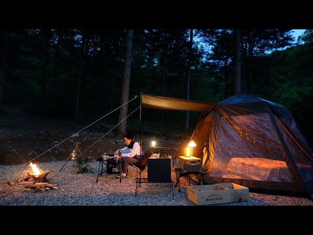 My cozy tent deep in the forest. Spring camping filled with birdsong. bonfire sound. Nature ASMR