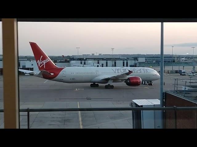 Virgin's Beautiful Boeing 787-9 aircraft G-VNYL (VINYL) "Penny Lane" sunset pushback London Heathrow