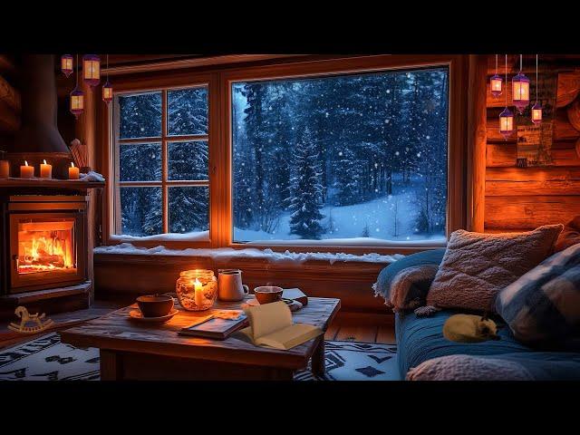 Peaceful Sleep with Piano Music, Fireplace Sounds, and Cozy Winter Ambience with Snowstorm and Wind