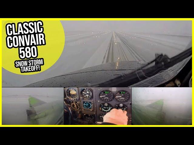 Classic Convair 580, Clock-Shop-Instruments and a solid Snow Storm Takeoff! [AirClips]