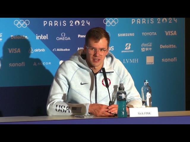 Silver medalist Nic Fink of USA reaction following men's 100m breaststroke at Paris 2024 Olympics