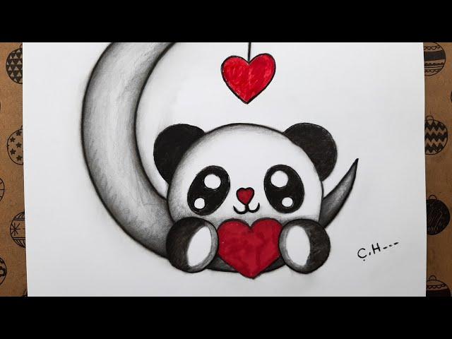 Moon and Cute Panda Drawing Easy Step by Step Pencil Charcoal Drawings