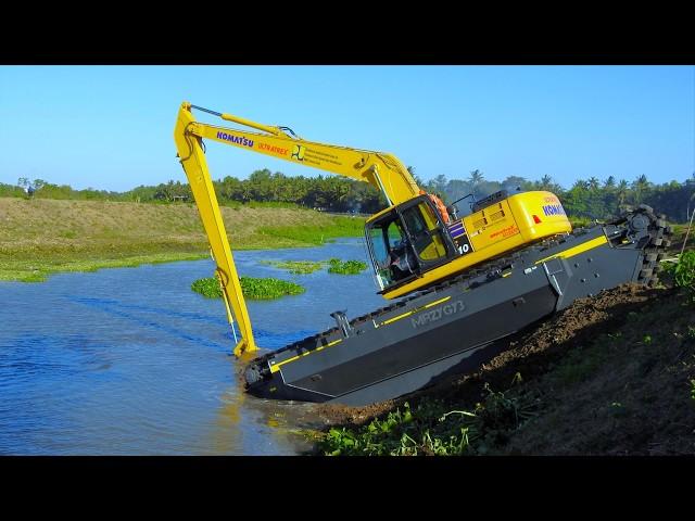 Crane Trucks Unloading Installing A Komatsu PC210 Long Reach Amphibious Excavator By UltraTreX