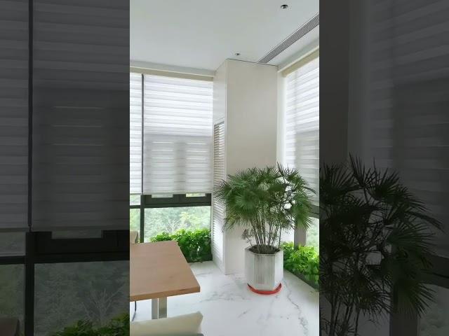 Add glamor to your large French windows with motorized zebra blinds