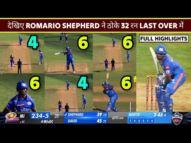 Romario Shepherd batting today 39*(10) vs DC | Shepherd 32 Runs vs Nortje | mi vs dc ipl highlights