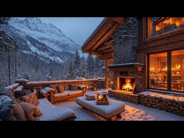 Cozy Winter Porch Ambience with Smooth Jazz Instrumental Music ️ Snowfall & Crackling Fireplace