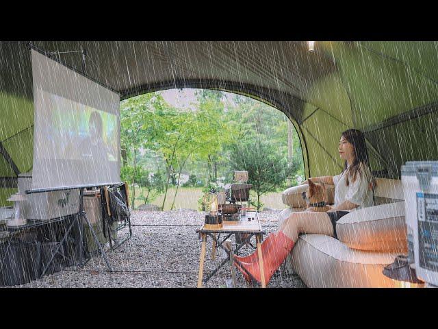 Solo Camping in heavy rain - with my own little theater!! / Sound for sleep. Rain ASMR