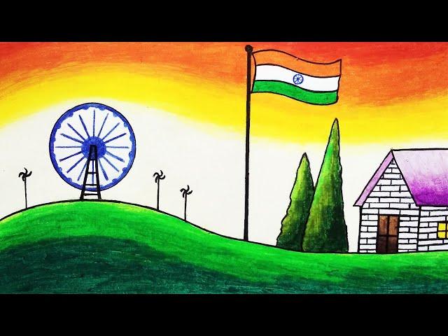 How to Draw Easy Scenery of Independence Day Step by Step | Independence Day Drawing for Beginners