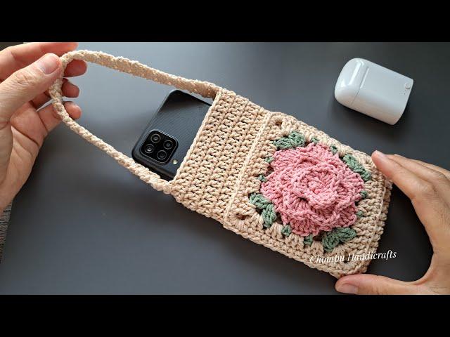 Crochet Phone Bag Tutorial | Crochet Rose Granny Square Bag