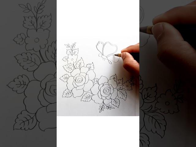 how to draw flowers & butterfly with pencil sketch,rose flower drawing,butterfly drawing