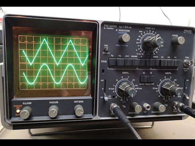 Philips PM3233 oscilloscope 2ch dual beam 10MHz test teardown