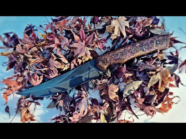 Making a camping knife with a maple leaf handle on a very cold day