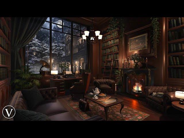 Winter Manor Library | Night Ambience | Fireplace, Wind, Snow & Blizzard Sounds