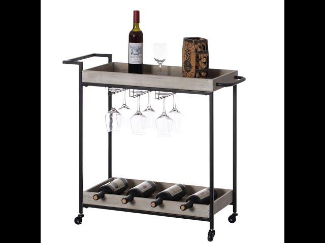 Metal Wine Bar Serving Cart with Rolling Wheels, Wine Rack, and Glass Holder