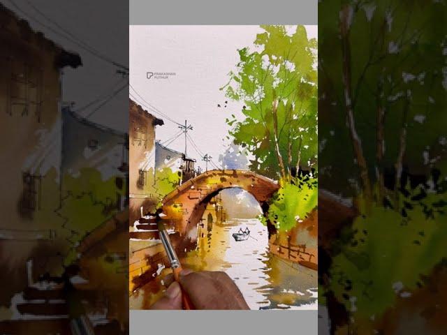 Easy watercolour landscape | ink pen with watercolour demo by Prakashanputhur