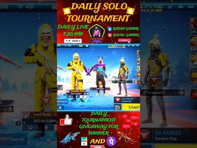 Free fire SOLO tournament winner.@radangaming1311 Daily night 7.30PM live start.9.30 solo..
