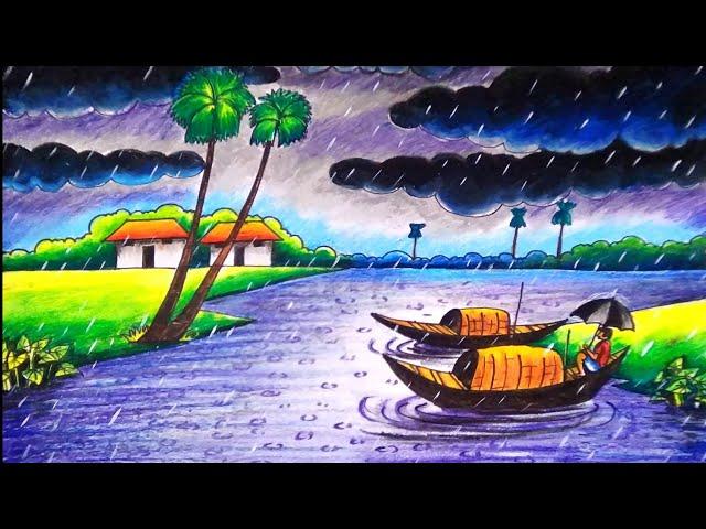 Rainy day scenery drawing with oil pastel for Beginners/ Hoe to draw Rainy season scenery